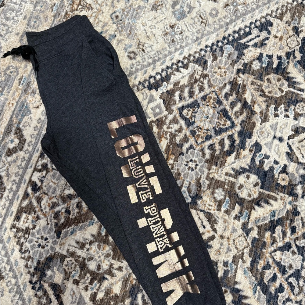 PINK Victoria's Secret Black Sweatpants with Metallic Gold Detail